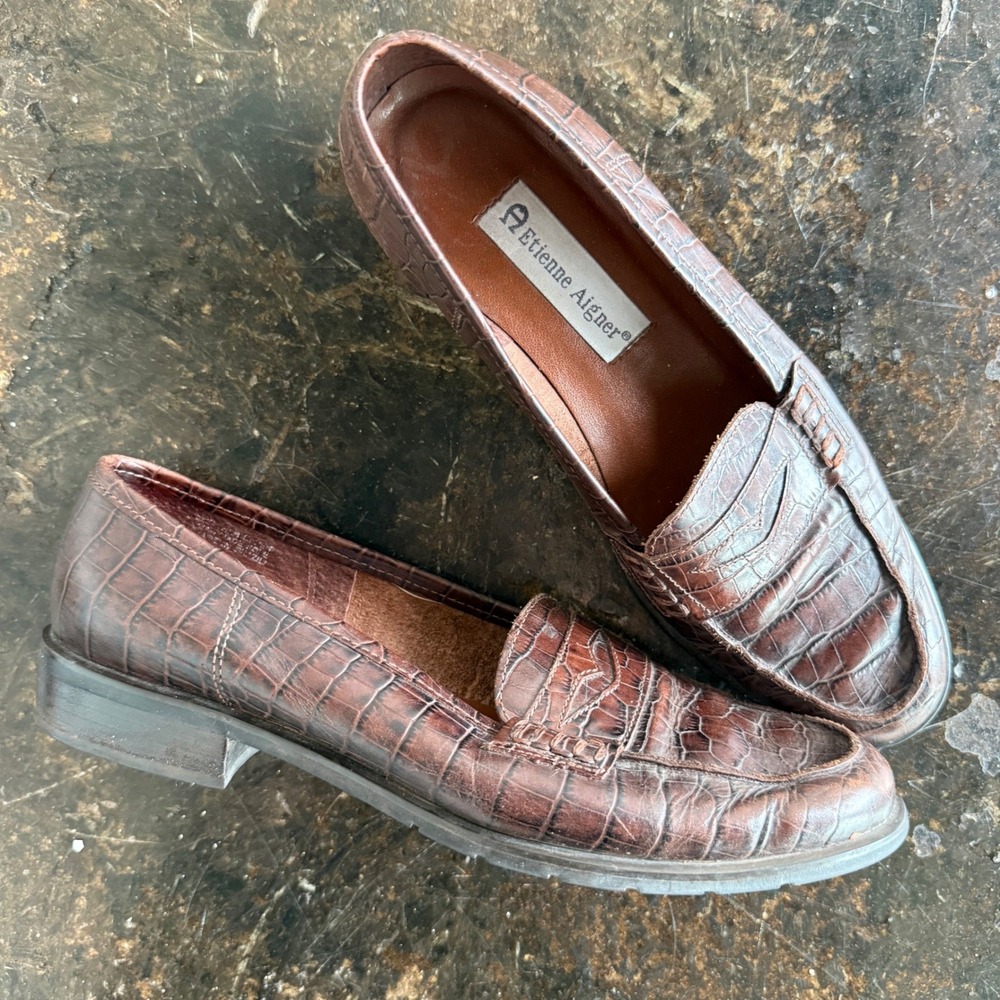 Vintage Etienne Aigner Penny Loafers Croc Embossed Leather Flats Shoes Women 8.5